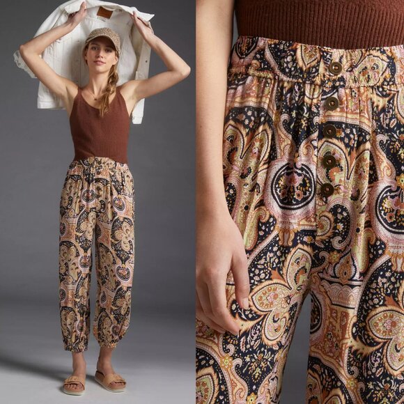 Anthropologie Odette paisley boho high rise jogger pockets pull-on pants small - Picture 1 of 6